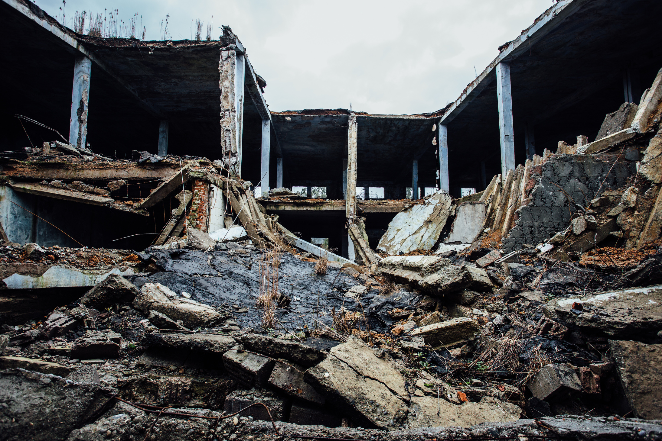 Completely destroyed by war collapsed industrial building